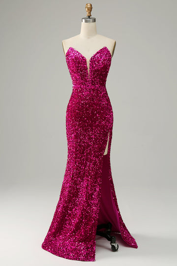 Vestido de lentejuelas sin tirantes fucsia